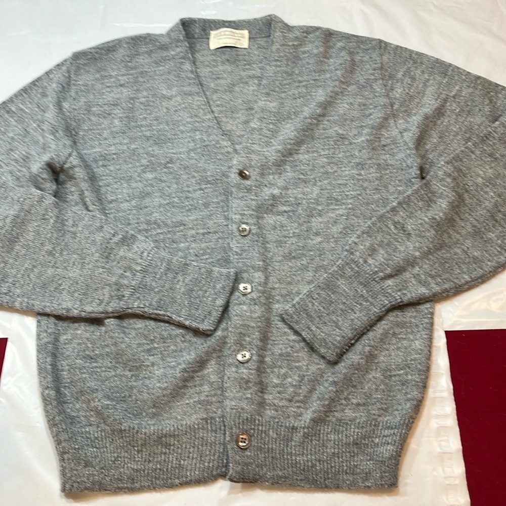 Lord Jeff Vintage DuPont Orlon GRAY KNIT L mens BUTTON UP VNECK SWEATER cardigan